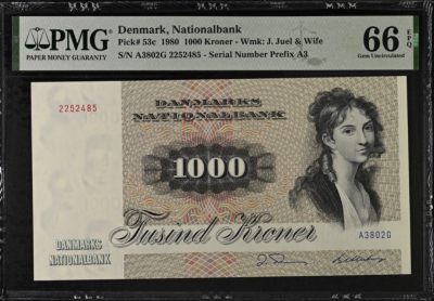 《张总收藏》124期-外币精品荟萃 - 丹麦1980年1000克朗最高值PMG66E 名誉品大松鼠 顶级雕刻 栩栩如生 Pick#53c