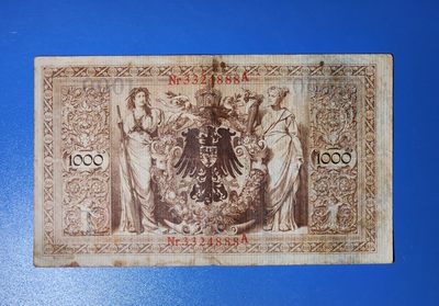 港、澳、台、中外钞、流水签、机签、箱包单、靓号专场第46期 - 德国 1910年 1000马克 纸钞 大票幅 流通品 历经第一次世界大战战火依然留存于世 113年老钞 长寿钞 豹子号 Nr3324888A 流通好品一张/如图 