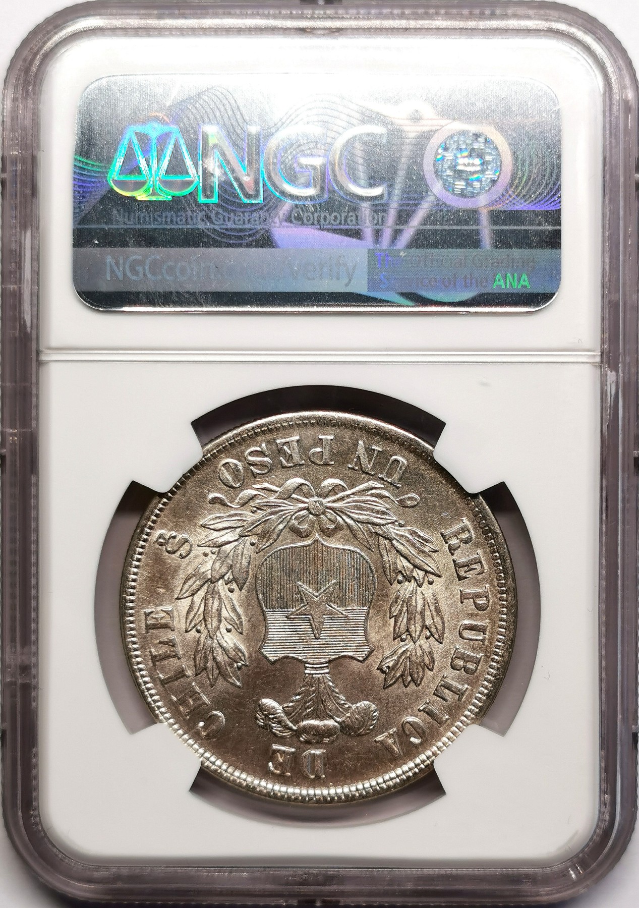 凡希社世界钱币微拍第二百五十三期 1882智利鹰叼蛇比索大银NGC-MS64灰彩银光品！