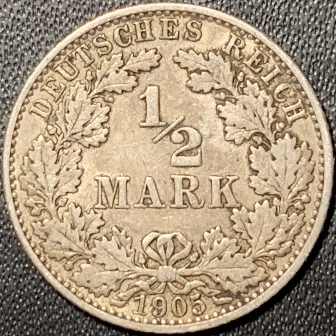 紫瑗钱币——第322期拍卖 德国 1905年 E版 第二帝国 1/2马克 2.77克 0.9银