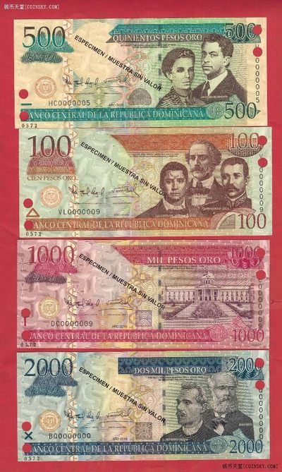 多米尼加100 500 1000和2000比索 2010年 样钞(票样 样票) 实物图 UNC - 多米尼加100 500 1000和2000比索 2010年 样钞(票样 样票) 实物图 UNC