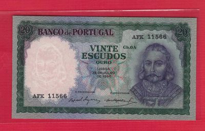 葡萄牙20埃斯库多 1960年 无47 66双尾 欧洲纸币 实物如图 UNC - 葡萄牙20埃斯库多 1960年 无47 66双尾 欧洲纸币 实物如图 UNC