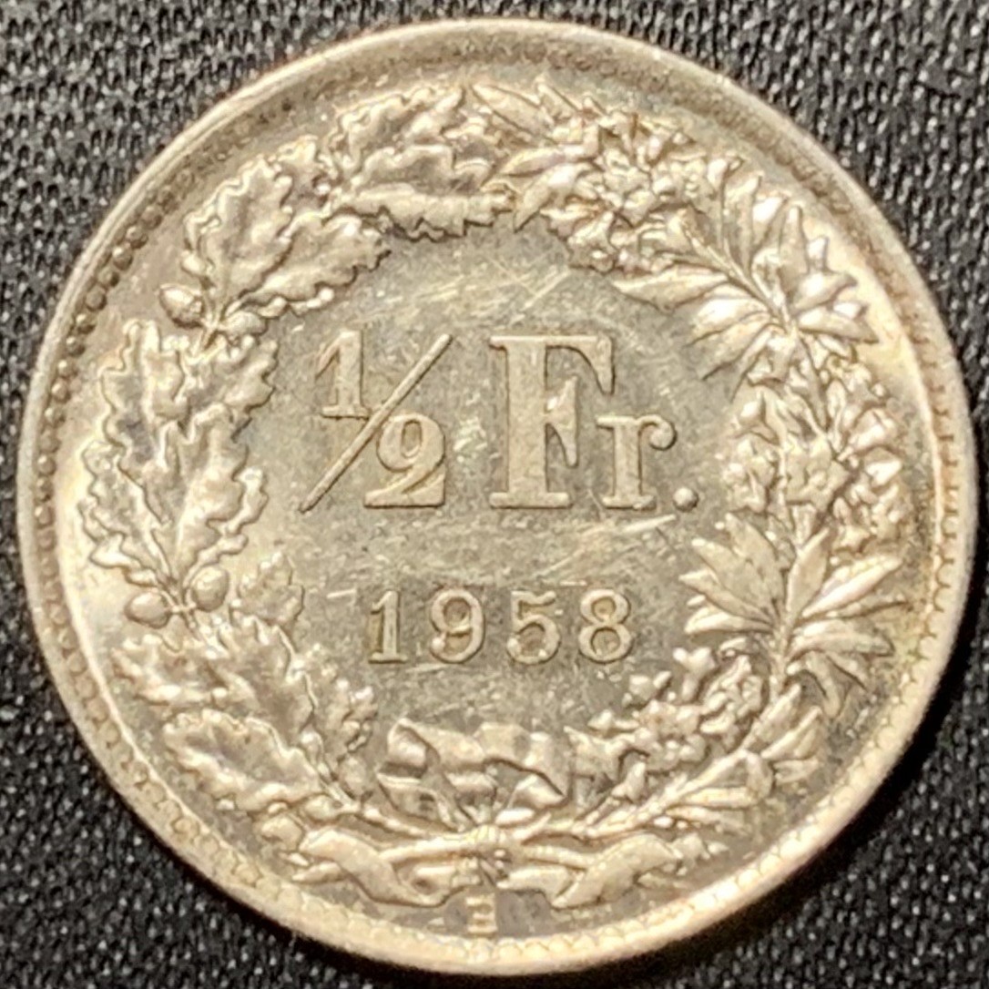 紫瑗钱币——第322期拍卖 瑞士 1958年 赫尔维蒂亚 1/2法郎 2.5克 0.835银 UNC