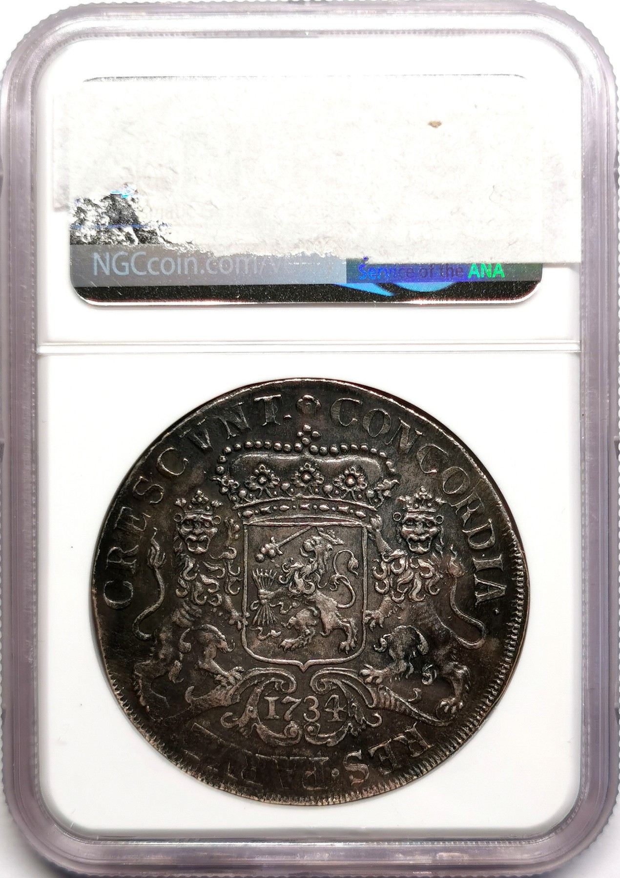 凡希社世界钱币微拍第二百五十三期 1734联省共和国上艾瑟尔马剑DUCATON大银NGC-AUD黑彩实物上佳！