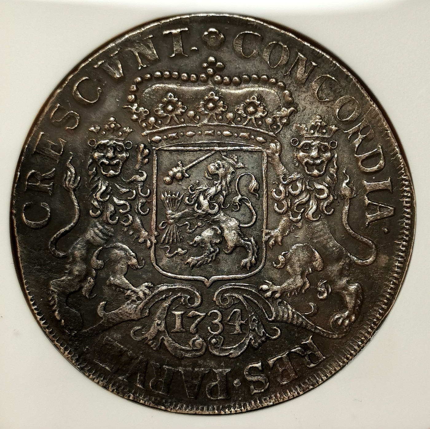 凡希社世界钱币微拍第二百五十三期 1734联省共和国上艾瑟尔马剑DUCATON大银NGC-AUD黑彩实物上佳！