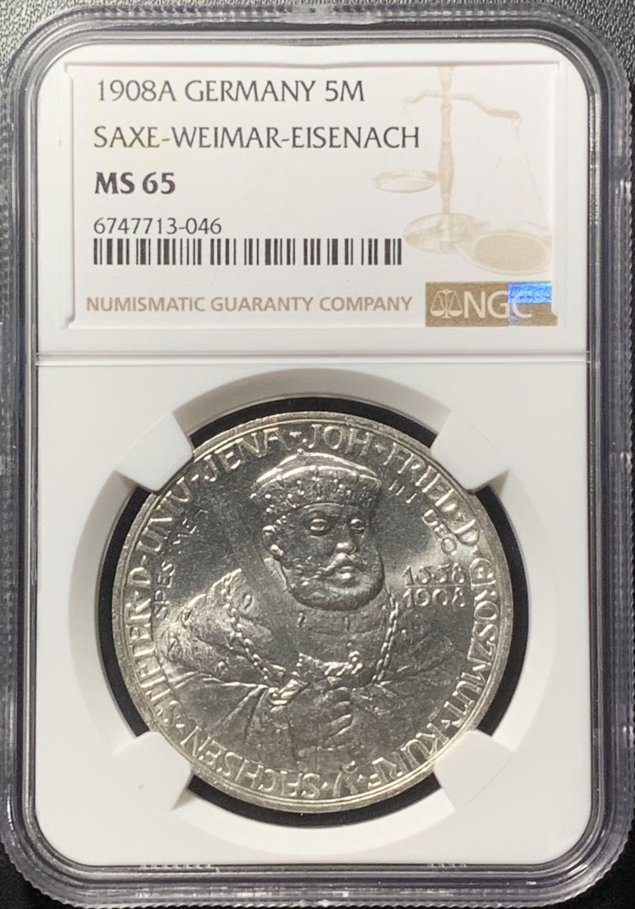 紫瑗钱币——第322期拍卖 德国 萨克森 1908年 耶拿大学 5马克 银币 NGC MS65