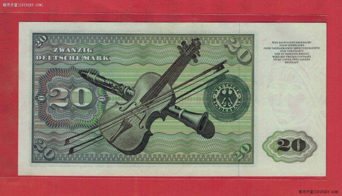 德国(联邦德国 西德)20马克 1970年 无4 P-32a 欧洲纸币 实物图 AUNC