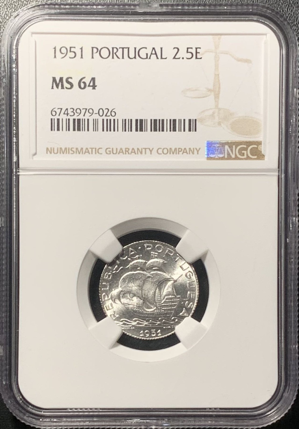 紫瑗钱币——第322期拍卖 葡萄牙 1951年 帆船 2.5埃斯库多 银币 NGC MS64
