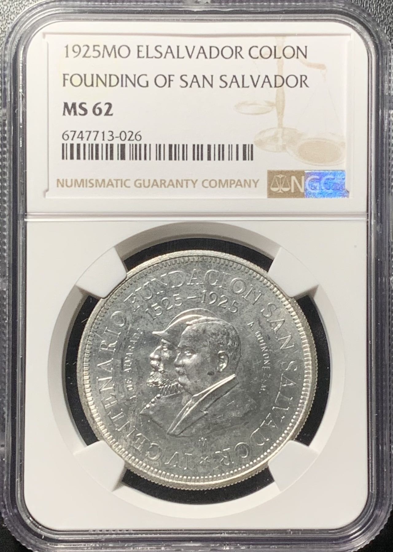 紫瑗钱币——第322期拍卖 萨尔瓦多 1925年 发现萨尔瓦多400周年 1克朗 银币 NGC MS62