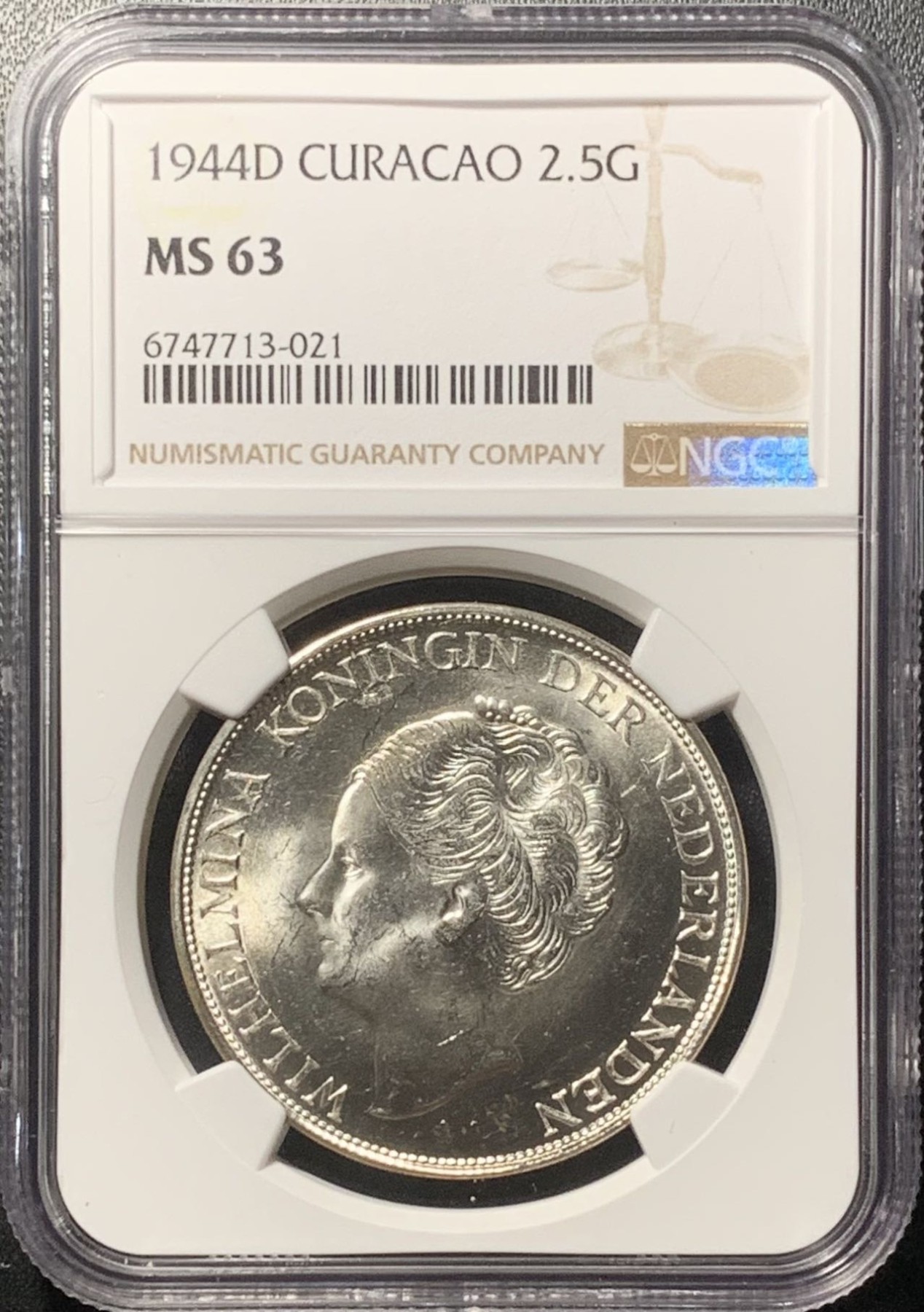 紫瑗钱币——第322期拍卖 荷属库拉索 1944年威廉明娜女王 2.5盾 银币 NGC MS63