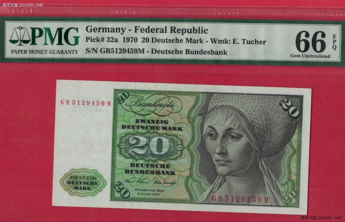 德国(联邦德国 西德)20马克 1970年 P-32a 欧洲纸币 实物图 UNC