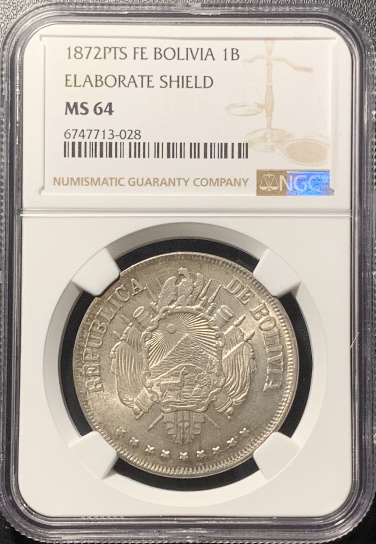紫瑗钱币——第322期拍卖 玻利维亚 1872年 盾徽 1玻利瓦尔 银币 NGC MS64