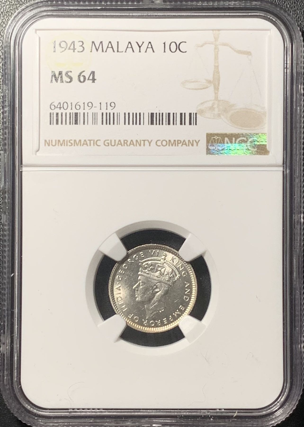 紫瑗钱币——第322期拍卖 马来亚 1943年 乔治六世 10分 银币 NGC MS64