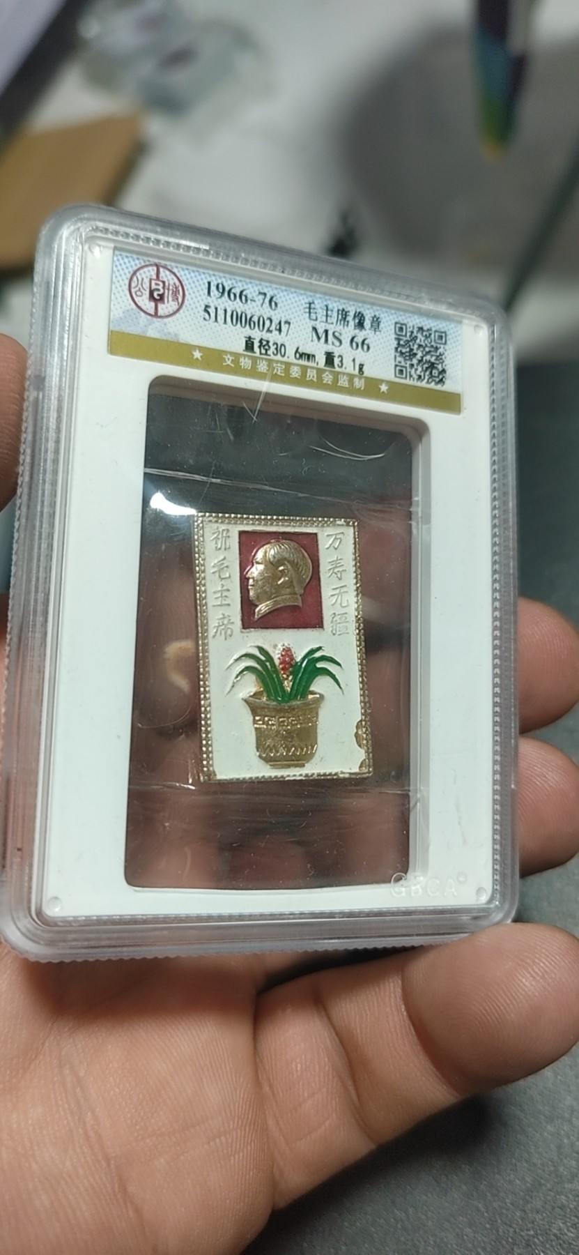 公博评级—毛主席像章拍场 🌹 🌹 公博评级毛主席像章，还有花盆万年青图案，相当美观，寓意万寿无疆
