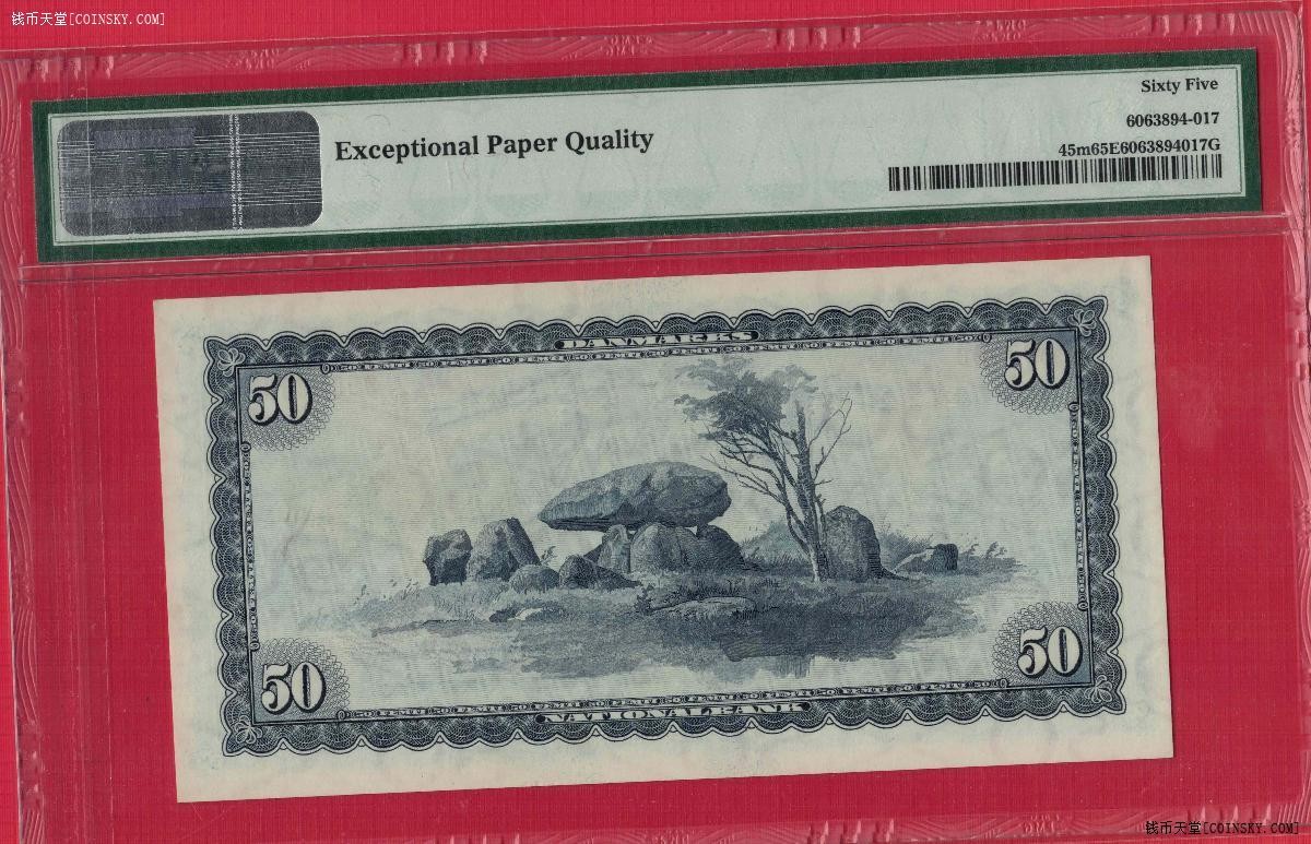丹麦1970年50克朗 P-45m 无4 中段豹子号999 欧洲纸币 实物图 UNC