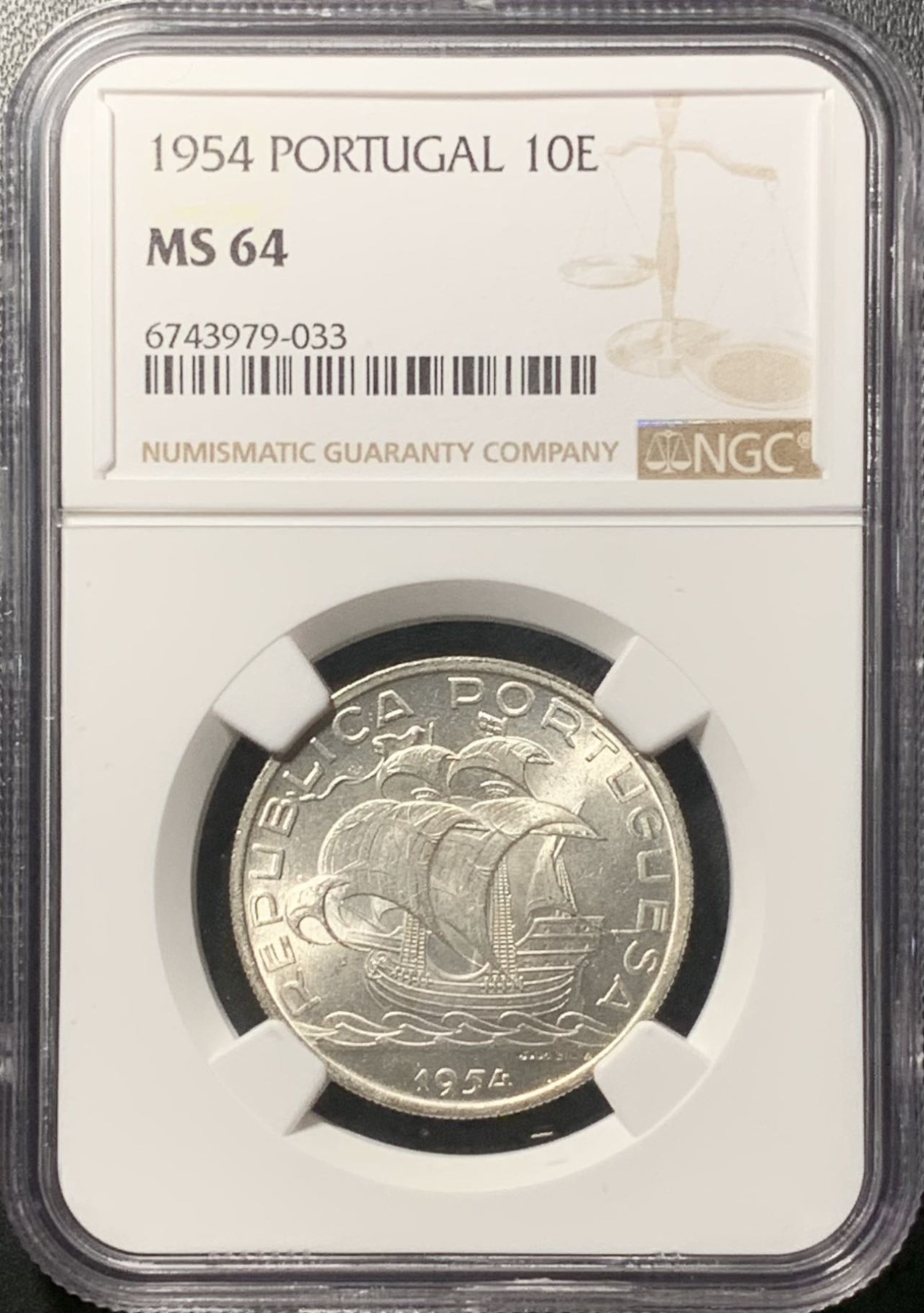 紫瑗钱币——第322期拍卖 葡萄牙 1954年 帆船 10埃斯库多 银币 NGC MS64