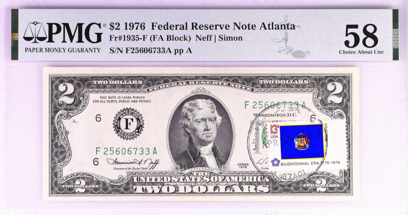 1976年美国建国200周年首发纪念钞2美元+首日邮票