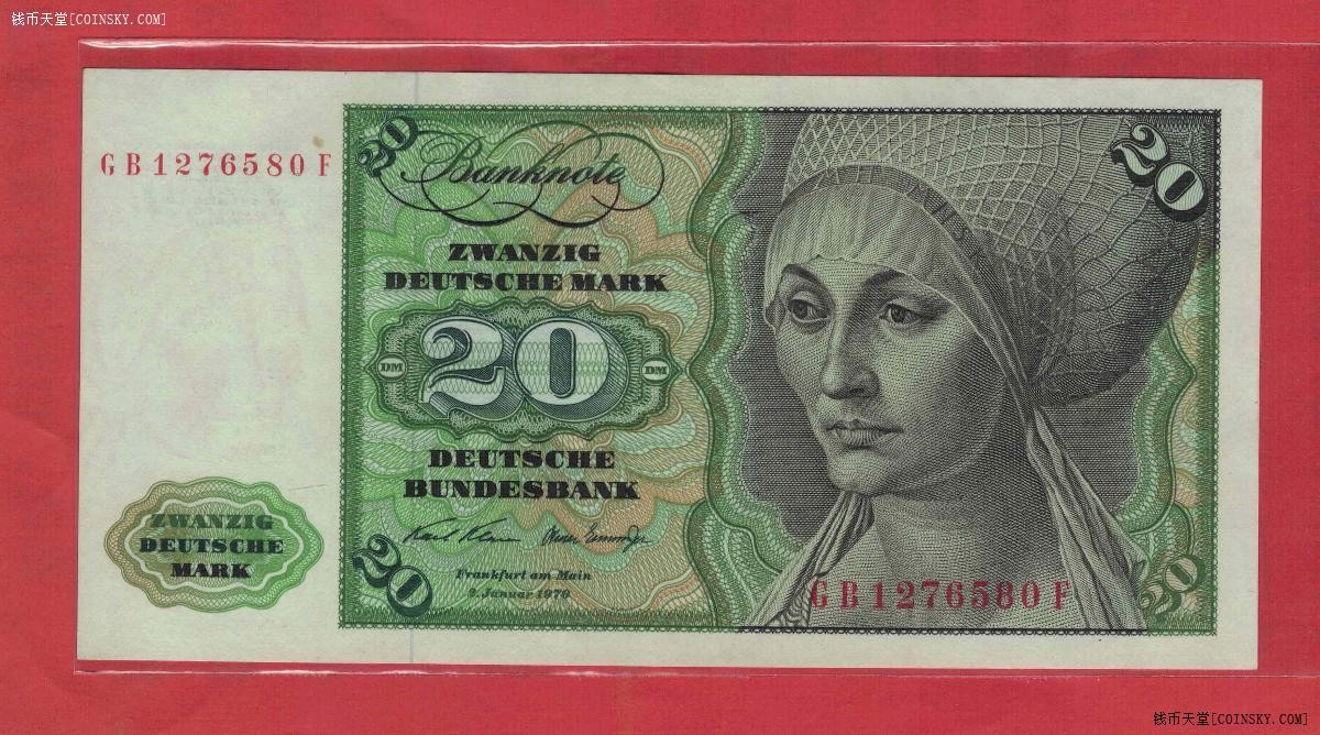 德国(联邦德国 西德)20马克 1970年 无4 P-32a 欧洲纸币 实物图 AUNC