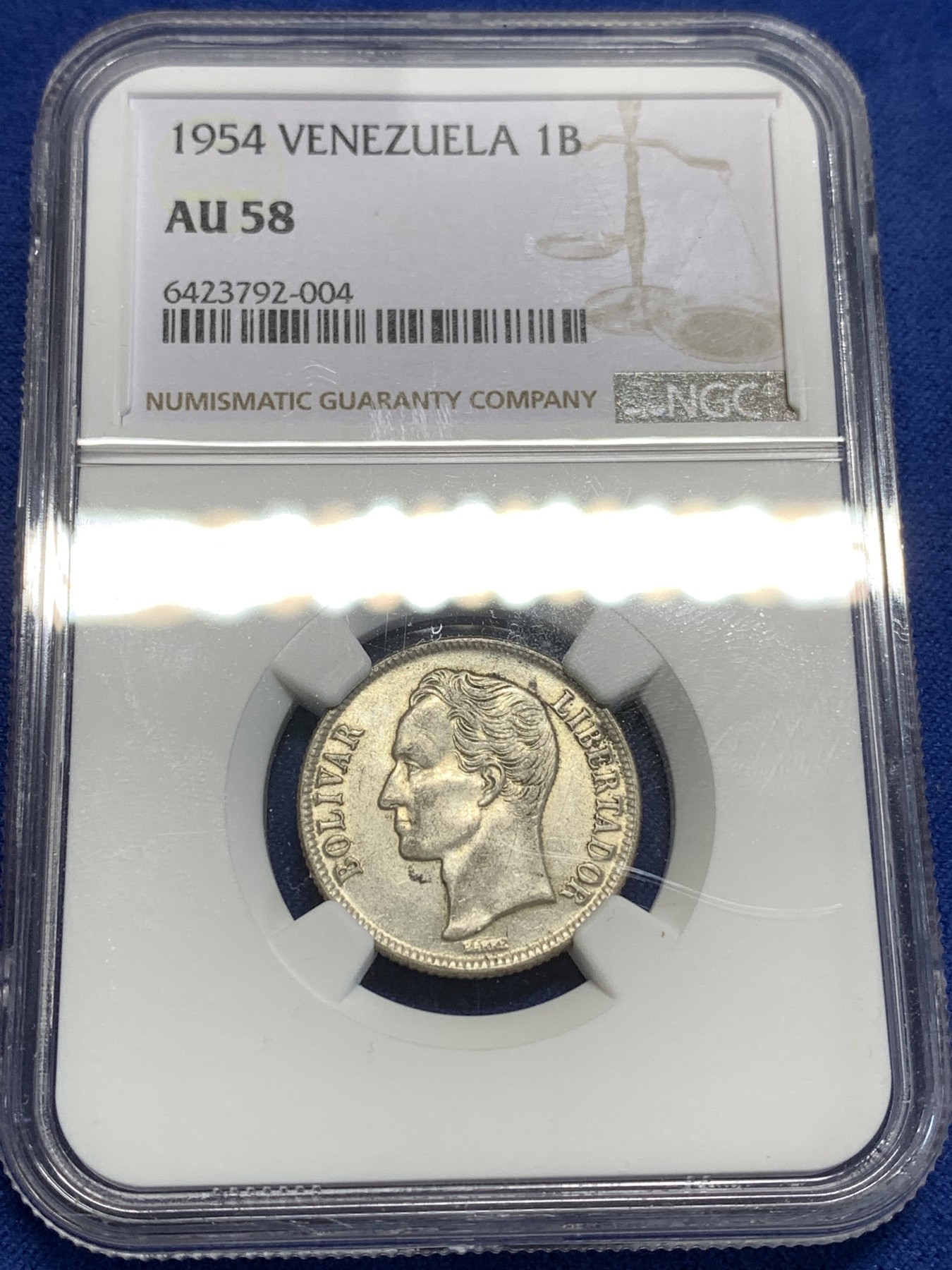 《竞宝斋》第213场-周日，周一 2场 (全场包邮) NGC-AU58 委内瑞拉1954年 1波利瓦尔银币 好品小辅币