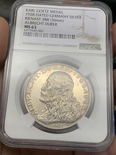 《竞宝斋》第213场-周日，周一 2场 (全场包邮) - NGC MS63 德国1928卡尔戈茨丢勒纪念银章