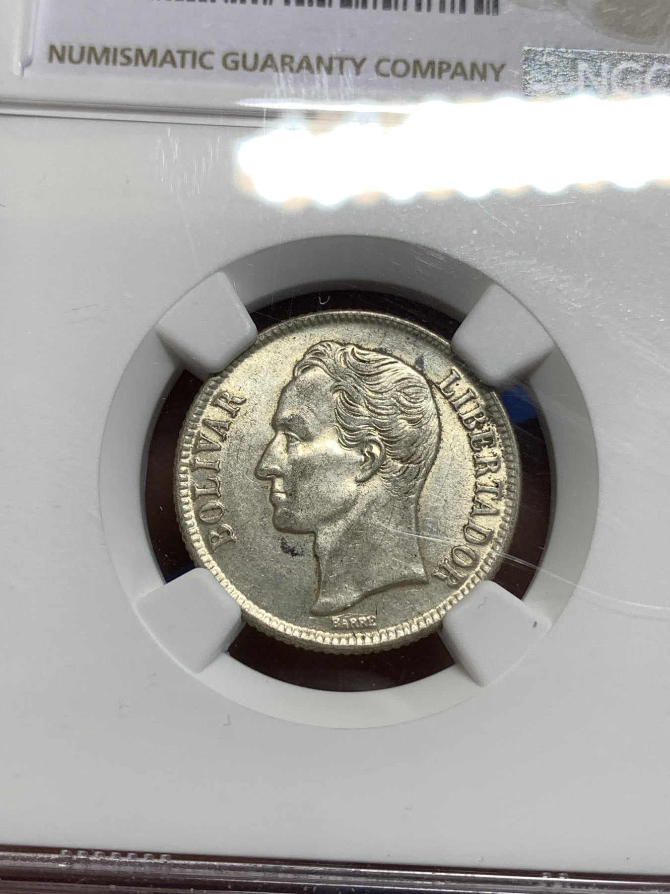 《竞宝斋》第213场-周日，周一 2场 (全场包邮) NGC-AU58 委内瑞拉1954年 1波利瓦尔银币 好品小辅币