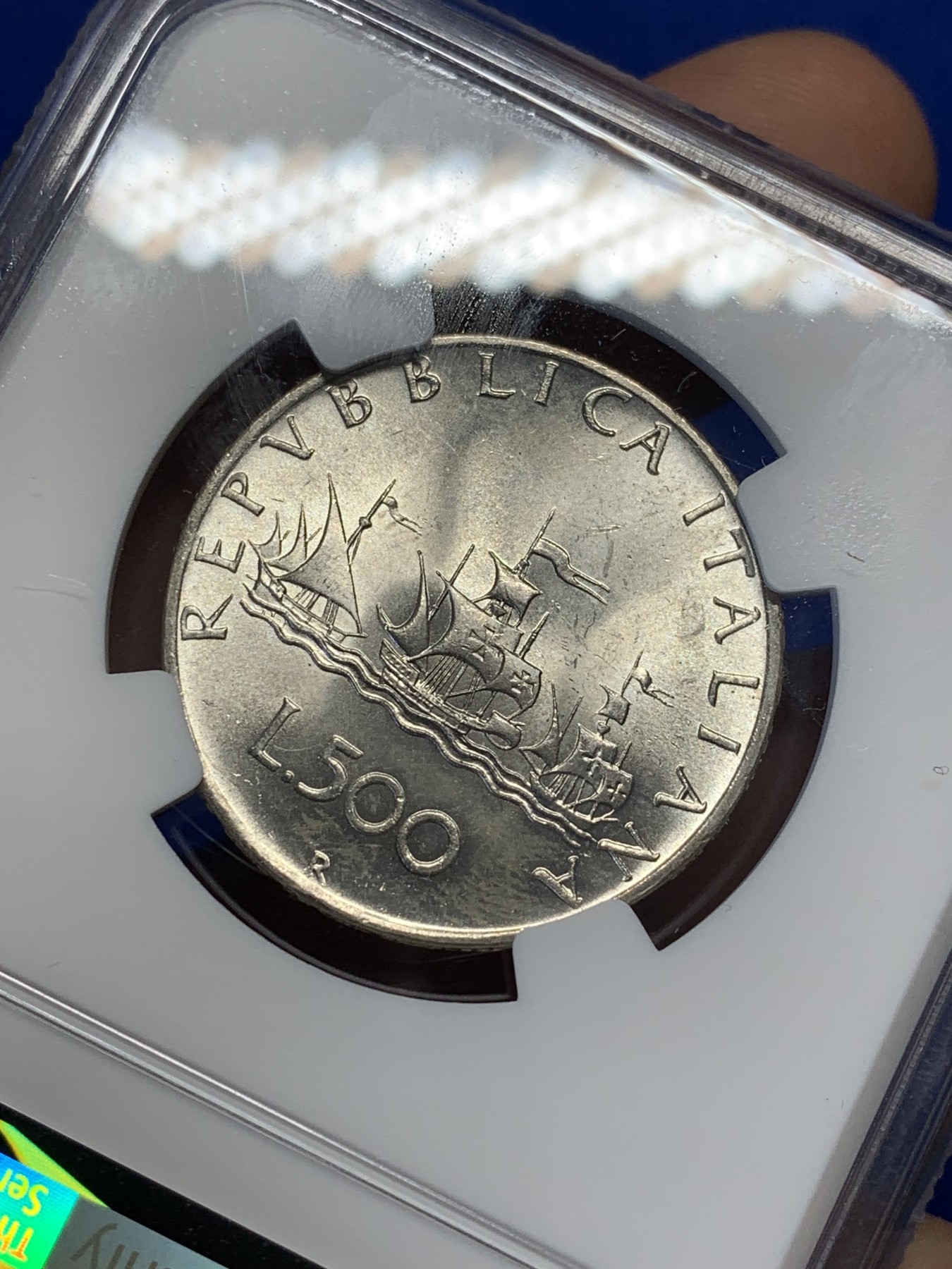 《竞宝斋》第213场-周日，周一 2场 (全场包邮) NGC MS64 意大利1961帆船少女500里拉银币