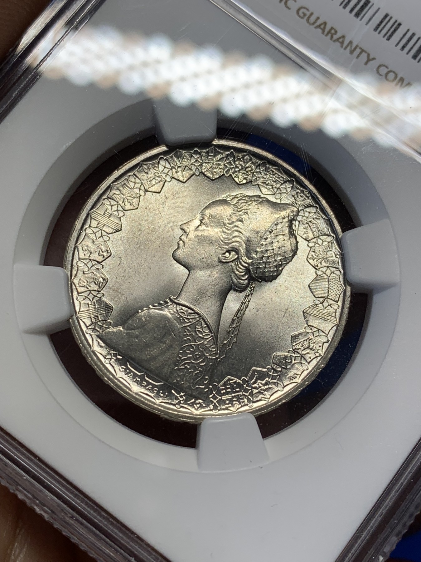 《竞宝斋》第213场-周日，周一 2场 (全场包邮) NGC MS64 意大利1961帆船少女500里拉银币