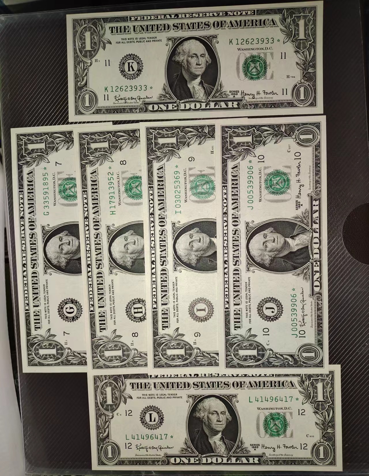 Unc 美国纸币 1963年A版 1元美金纸币 全套12区间 星号 Unc 美国纸币 1963年A版 1元美金纸币 全套12区间 星号