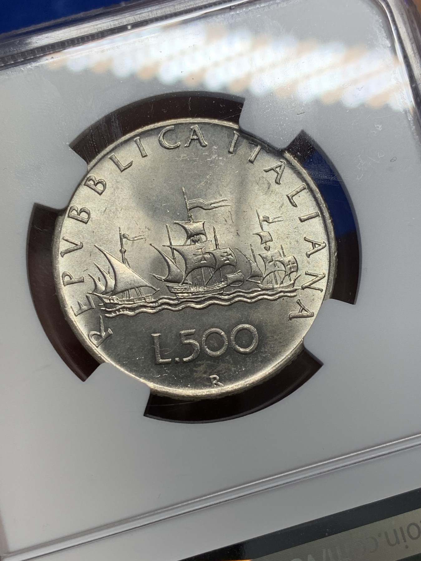 《竞宝斋》第213场-周日，周一 2场 (全场包邮) NGC MS64 意大利1961帆船少女500里拉银币