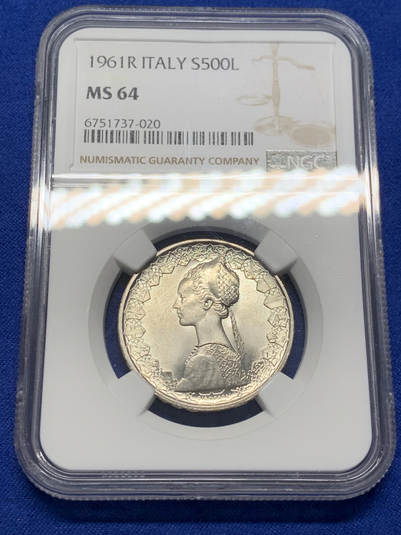 《竞宝斋》第213场-周日，周一 2场 (全场包邮) NGC MS64 意大利1961帆船少女500里拉银币