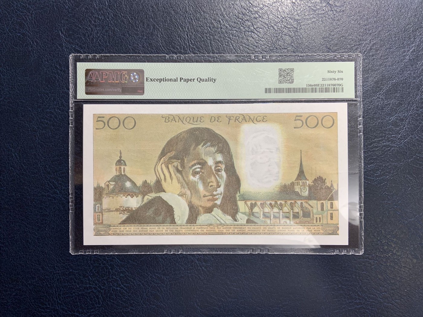 收藏联盟Quantum Auction 第301期拍卖  法国1985年500法郎 PMG66 物理学家 帕斯卡尔