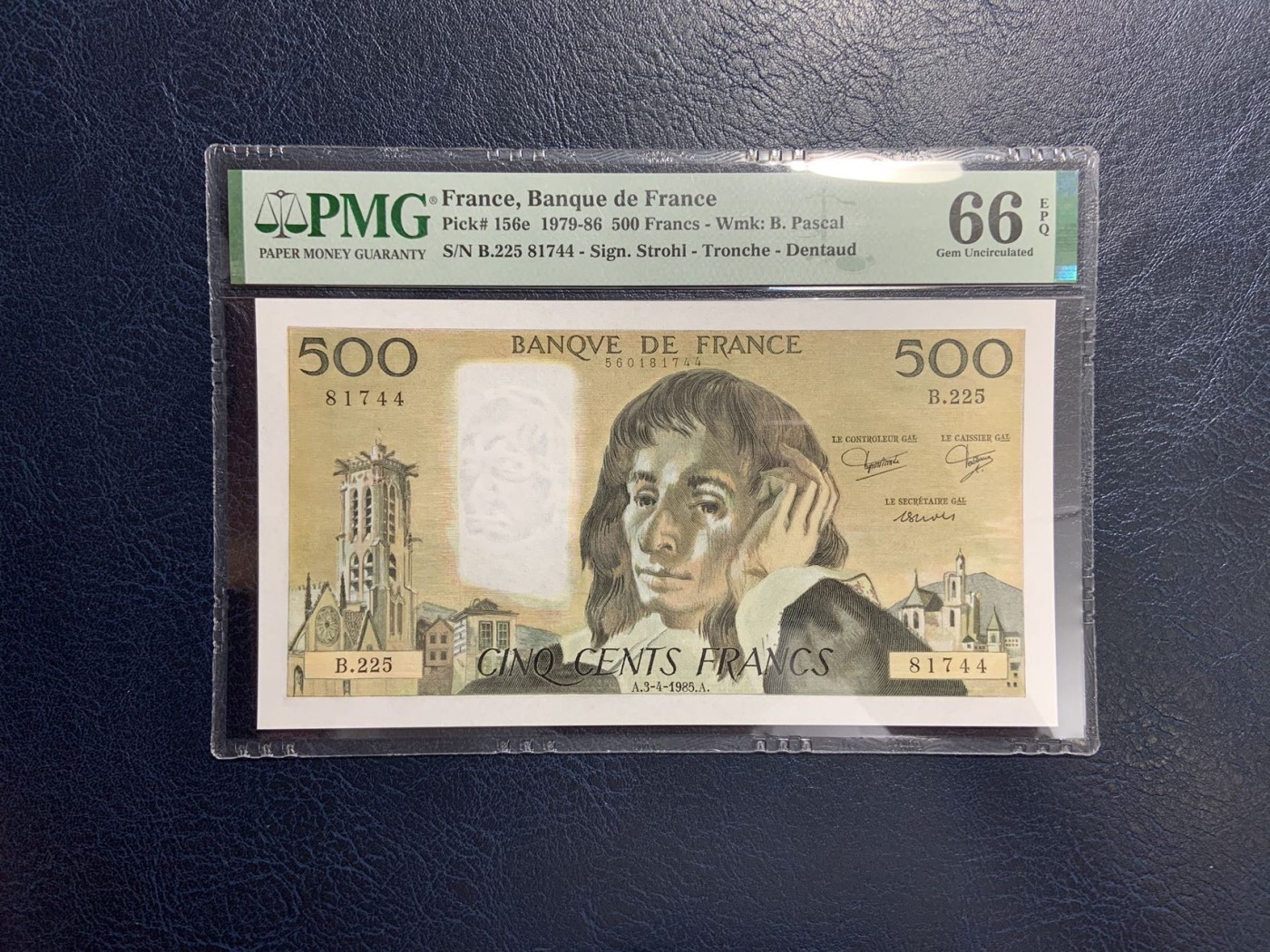 收藏联盟Quantum Auction 第301期拍卖  法国1985年500法郎 PMG66 物理学家 帕斯卡尔