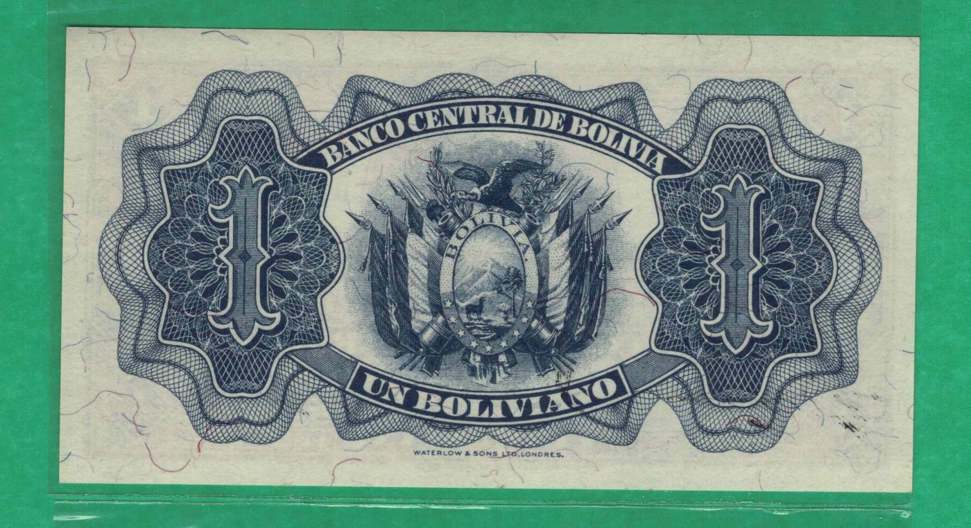 玻利维亚1博利瓦 1928年(1952年) P-128C R15序列 无4 签名如图 美洲纸币 实物图 UNC