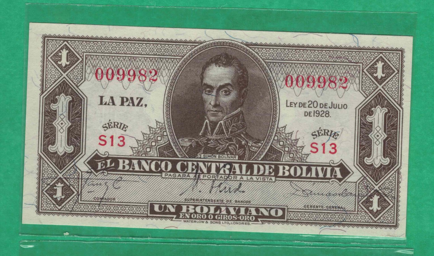 玻利维亚1博利瓦 1928年 P-128a S13序列 无47 签名少 美洲纸币 实物图 UNC