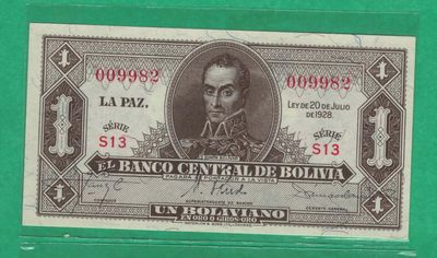 玻利维亚1博利瓦 1928年 P-128a S13序列 无47 签名少 美洲纸币 实物图 UNC - 玻利维亚1博利瓦 1928年 P-128a S13序列 无47 签名少 美洲纸币 实物图 UNC