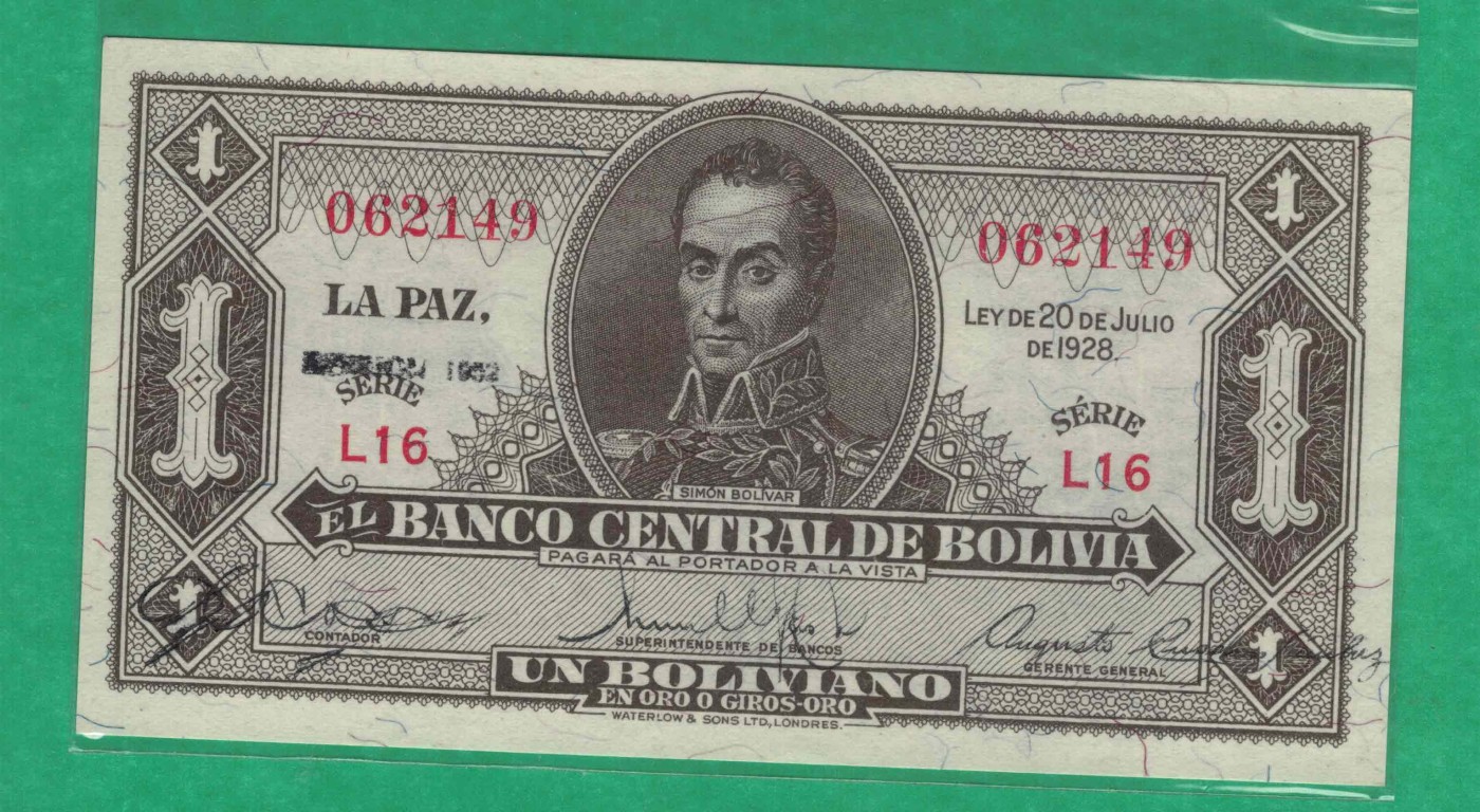 玻利维亚1博利瓦 1928年(1952年) P-128C L16序列 签名少 美洲纸币 实物图 UNC