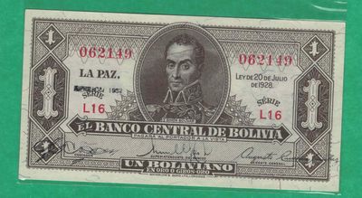 玻利维亚1博利瓦 1928年(1952年) P-128C L16序列 签名少 美洲纸币 实物图 UNC - 玻利维亚1博利瓦 1928年(1952年) P-128C L16序列 签名少 美洲纸币 实物图 UNC