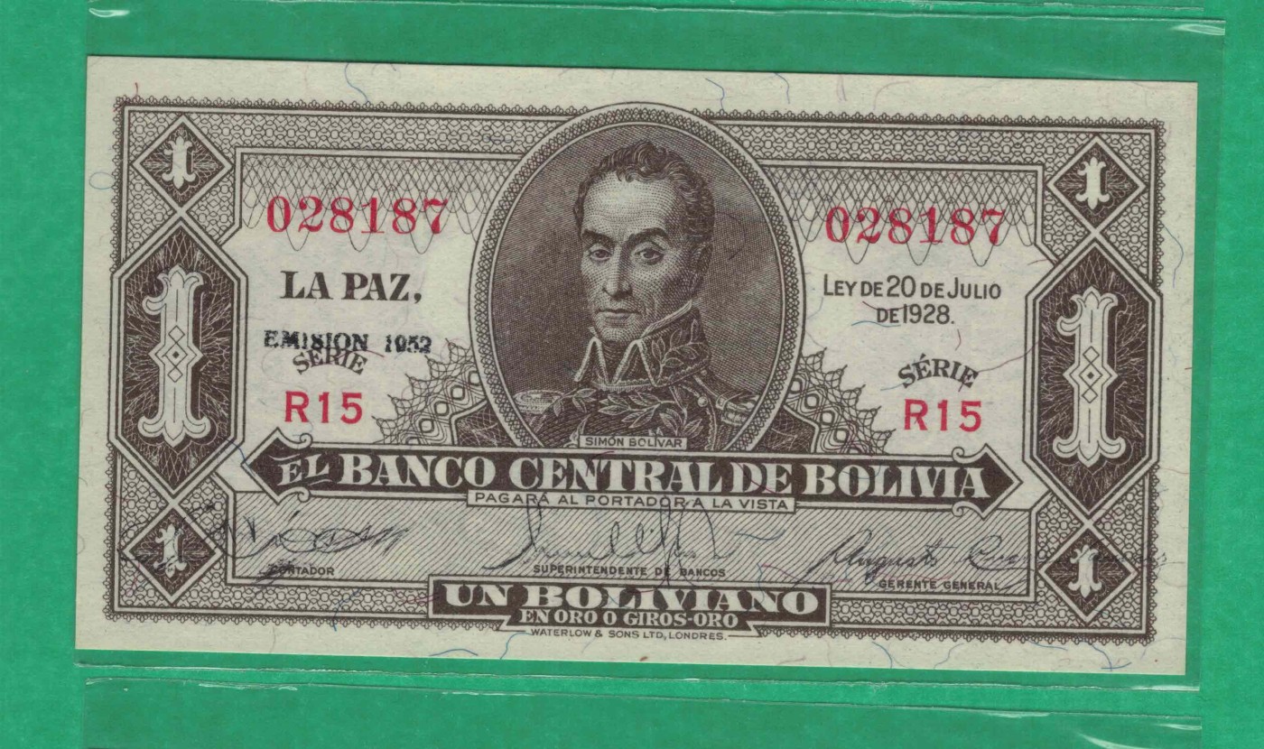 玻利维亚1博利瓦 1928年(1952年) P-128C R15序列 无4 签名如图 美洲纸币 实物图 UNC