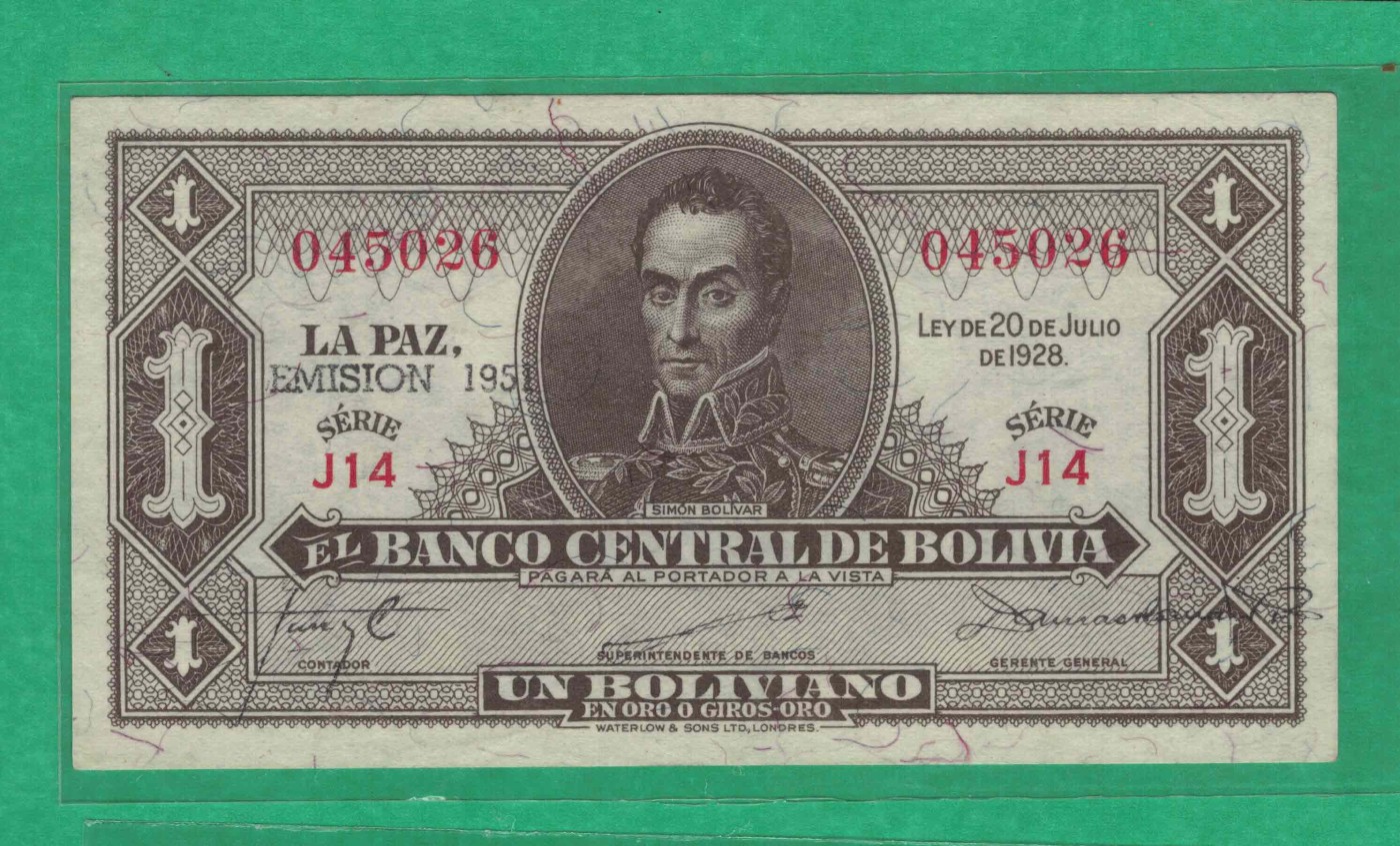 玻利维亚1博利瓦 1928年(1951年) P-128b J14序列 签名如图 美洲纸币 实物图 UNC