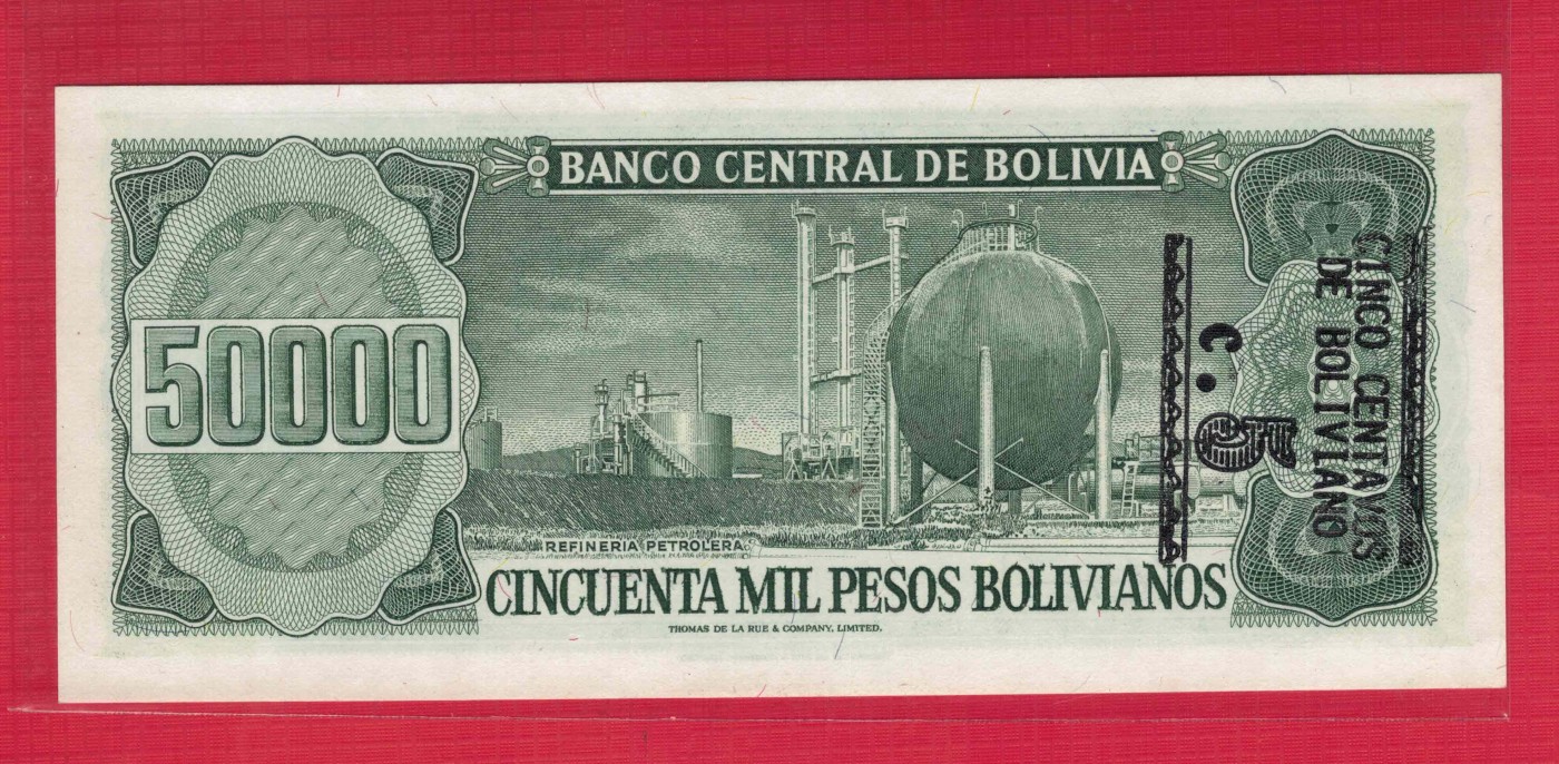 玻利维亚1984年(1987年)50000比索改5分 A冠 00双尾 P-196 美洲纸币 实物图 UNC
