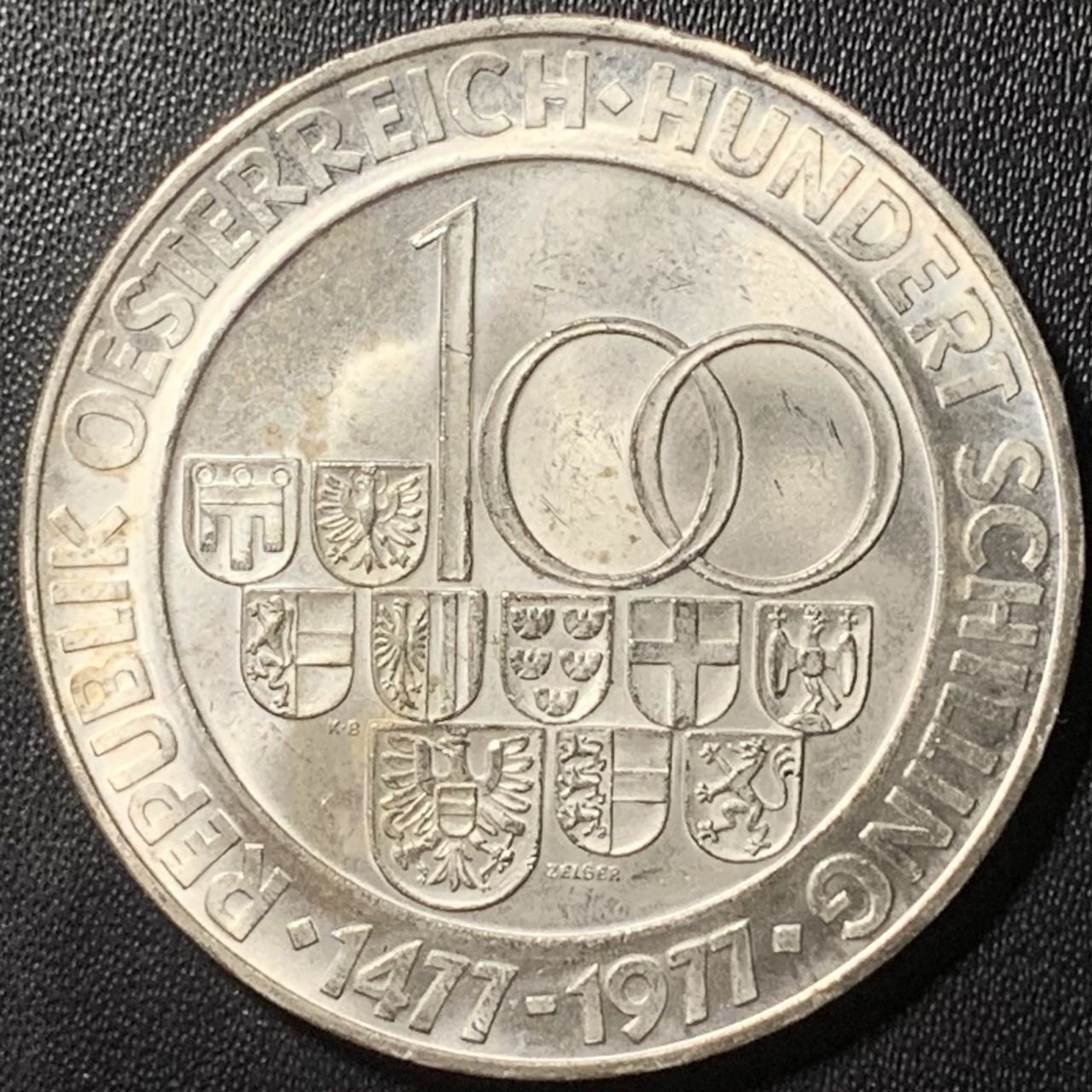 紫瑗钱币——第324期拍卖 奥地利 1977年 萨尔茨堡建市900周年 100先令 24克 0.64银 UNC