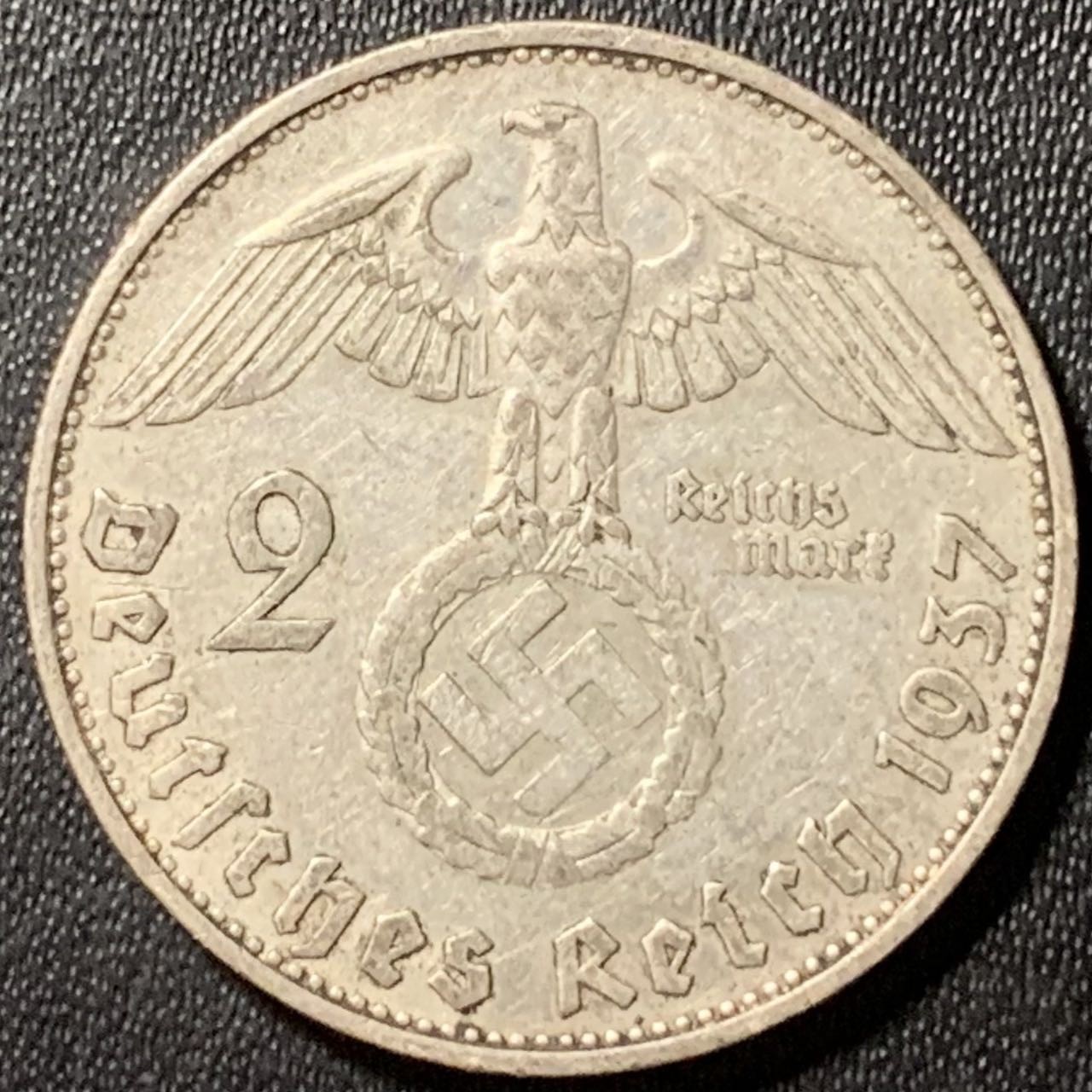 紫瑗钱币——第324期拍卖 德国 1937年 G版 兴登堡 字符 2马克 8克 0.625银