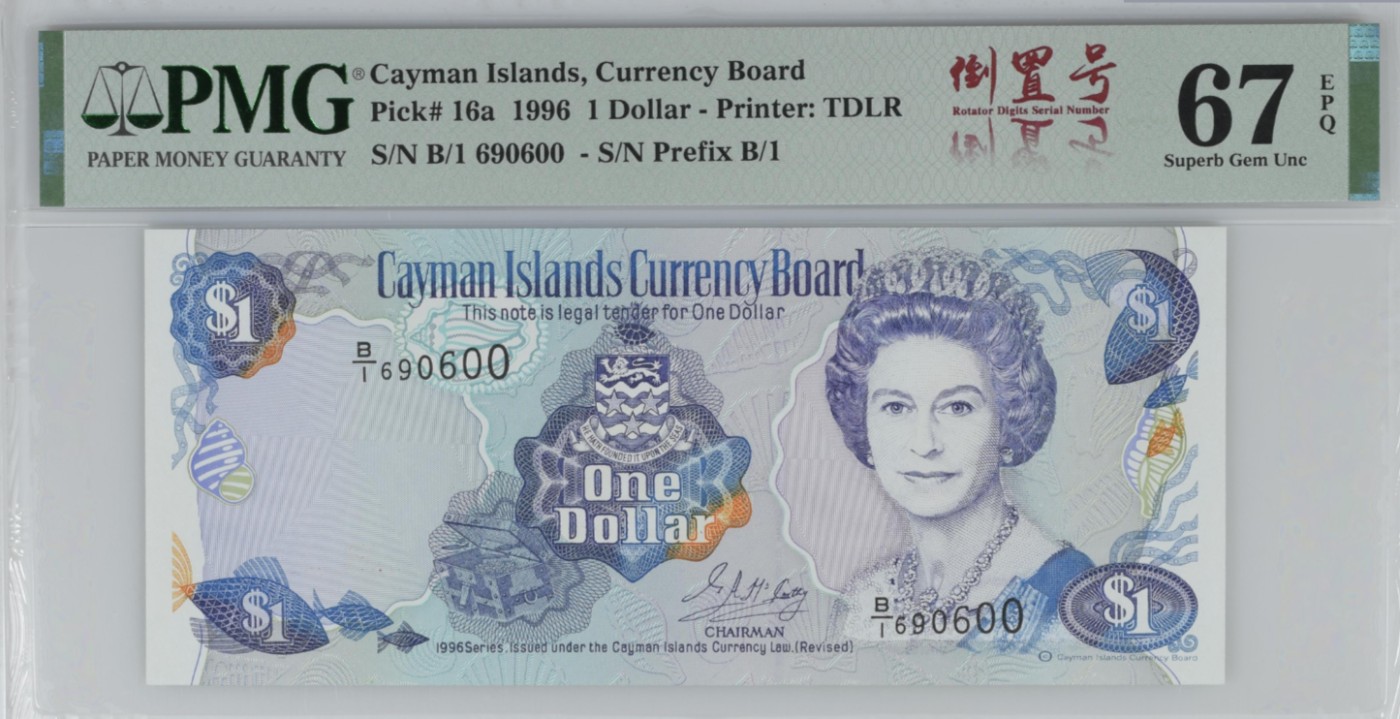 《张总收藏》125期-外币靓号典藏 开曼群岛1996年1元首发B1冠PMG67E亚军分倒置号690600 冠军68分仅2张