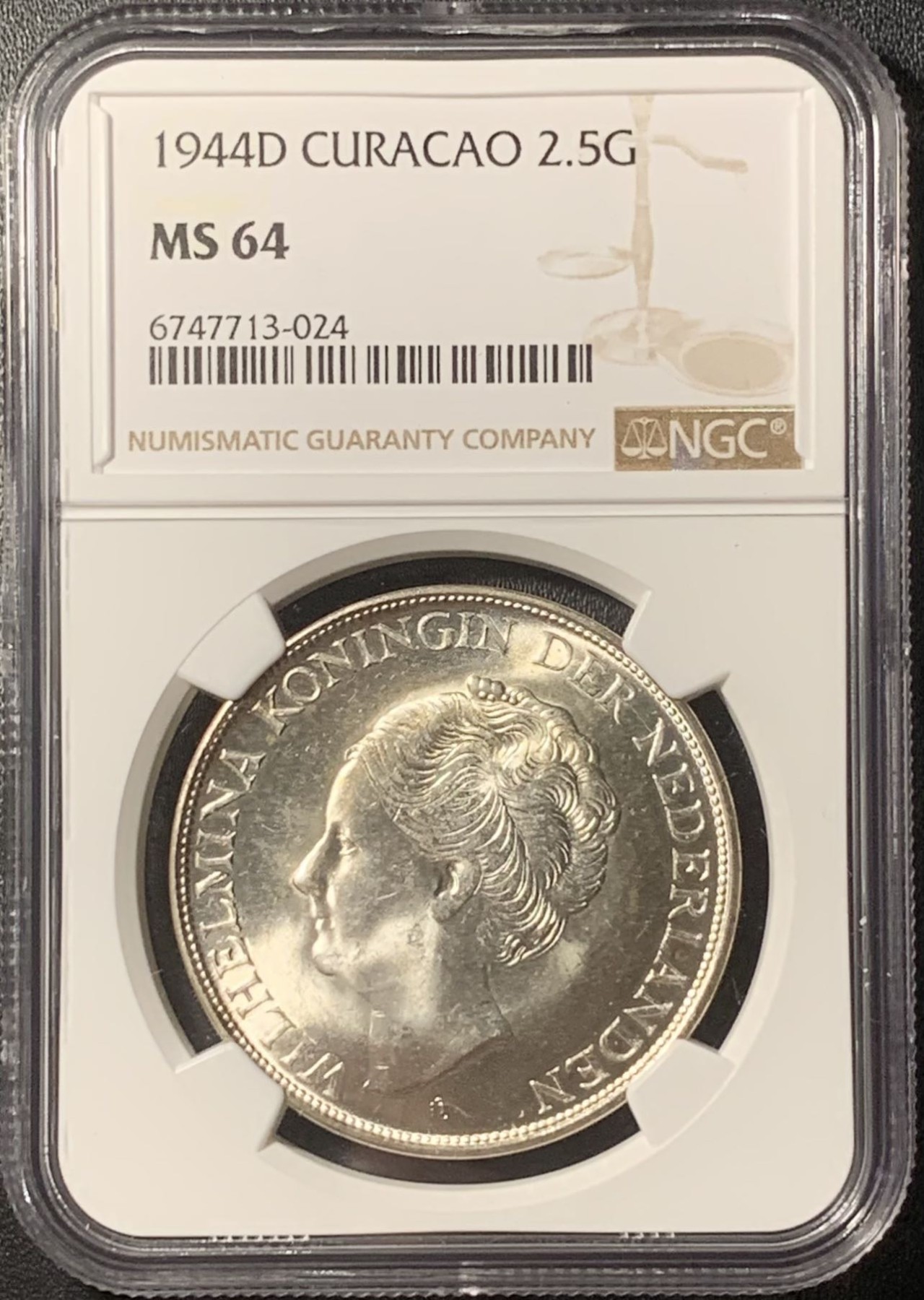紫瑗钱币——第324期拍卖 荷属库拉索 1944年威廉明娜女王 2.5盾 银币 NGC MS64