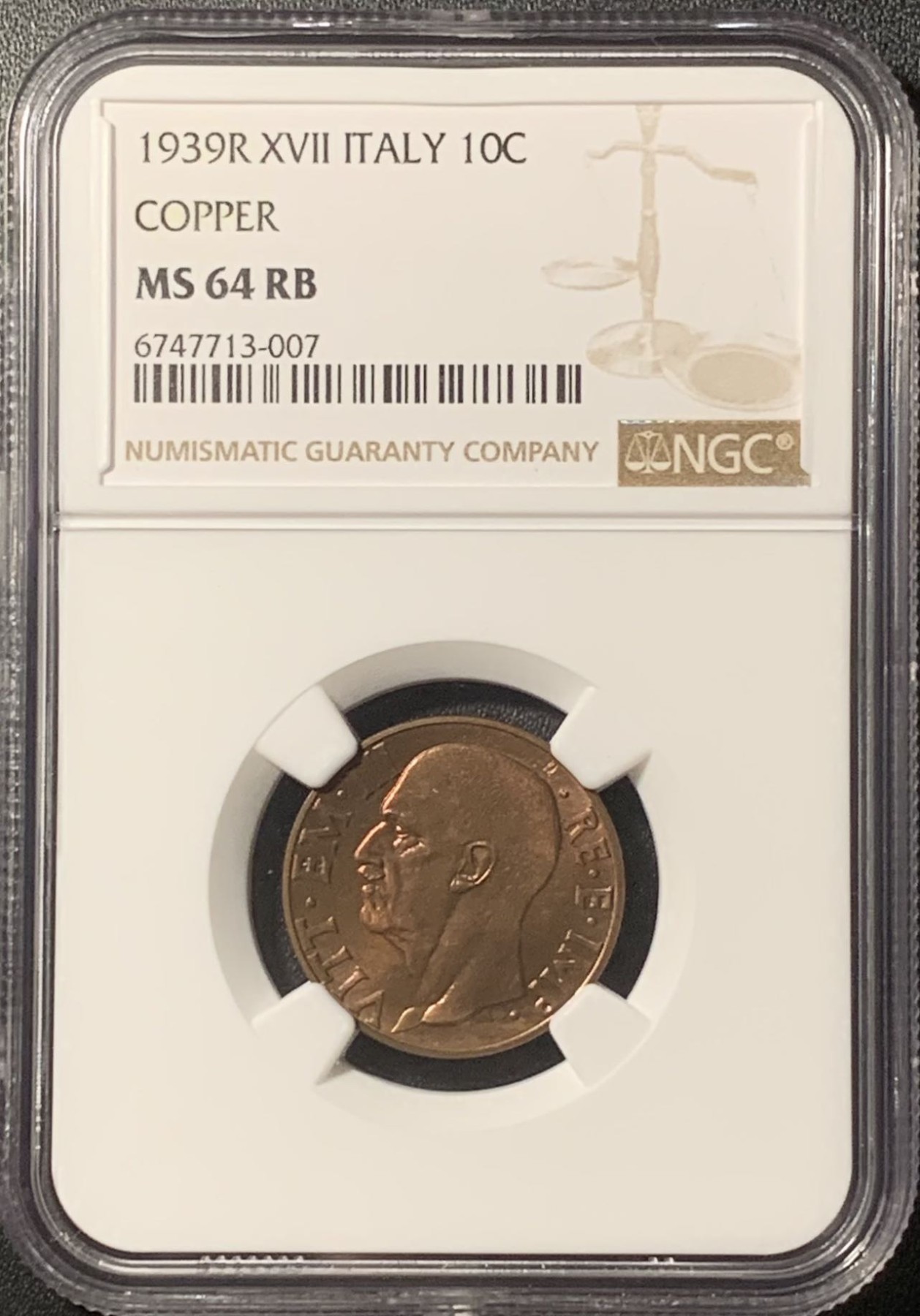 紫瑗钱币——第324期拍卖 意大利 1939年 伊曼纽埃三世 10分 铜币 NGC MS64 RB