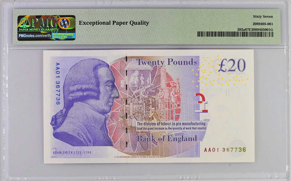 《张总收藏》125期-外币靓号典藏 英国F序列2006年20镑首发AA01冠PMG67E少见高分无4