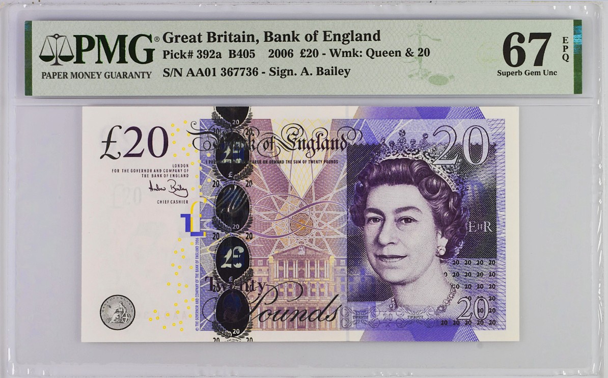 《张总收藏》125期-外币靓号典藏 英国F序列2006年20镑首发AA01冠PMG67E少见高分无4
