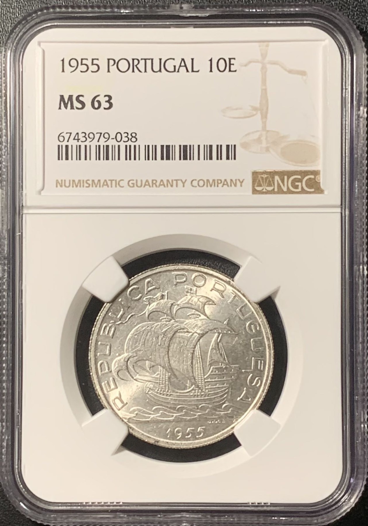 紫瑗钱币——第324期拍卖 葡萄牙 1955年 帆船 10埃斯库多 银币 NGC MS63