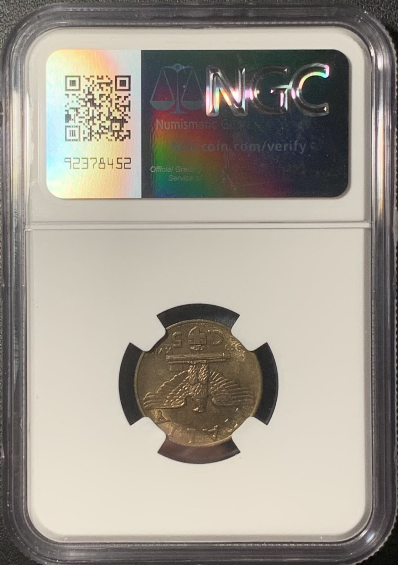 紫瑗钱币——第324期拍卖 意大利 1939年 伊曼纽尔三世 5分 铜币 NGC MS64 RB