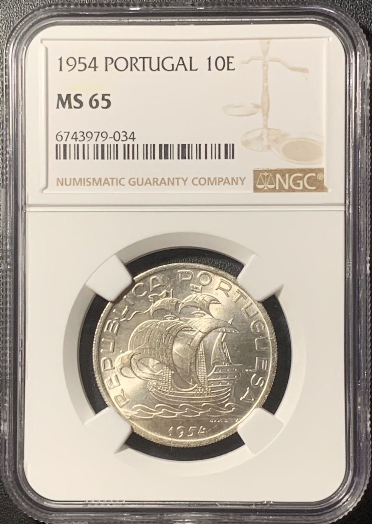 紫瑗钱币——第324期拍卖 葡萄牙 1955年 帆船 10埃斯库多 银币 NGC MS65